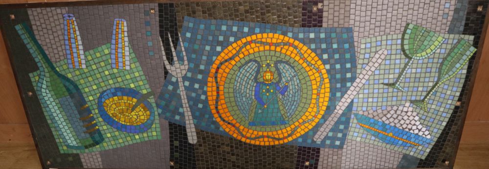 Three contemporary mosaic panels depicting fruit and other items on servery tables, largest overall 84 x 104cm, 85 x 204cm